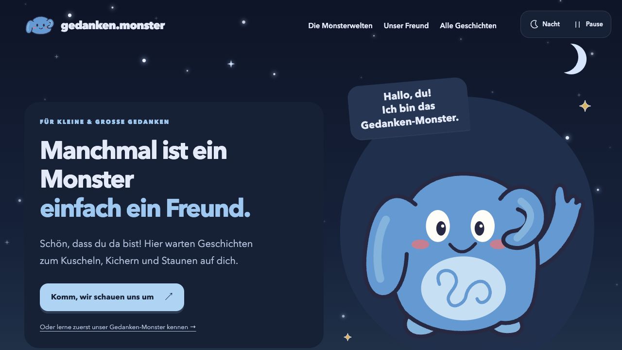 Startseite von Gedanken-Monster mit dem freundlichen blauen Monster