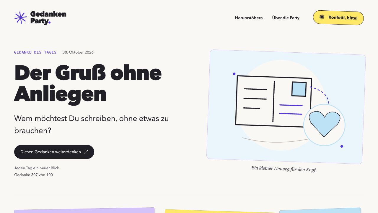 Startseite von Gedanken Party mit einer illustrierten Postkarte und der Frage nach einem Gruß ohne Anliegen