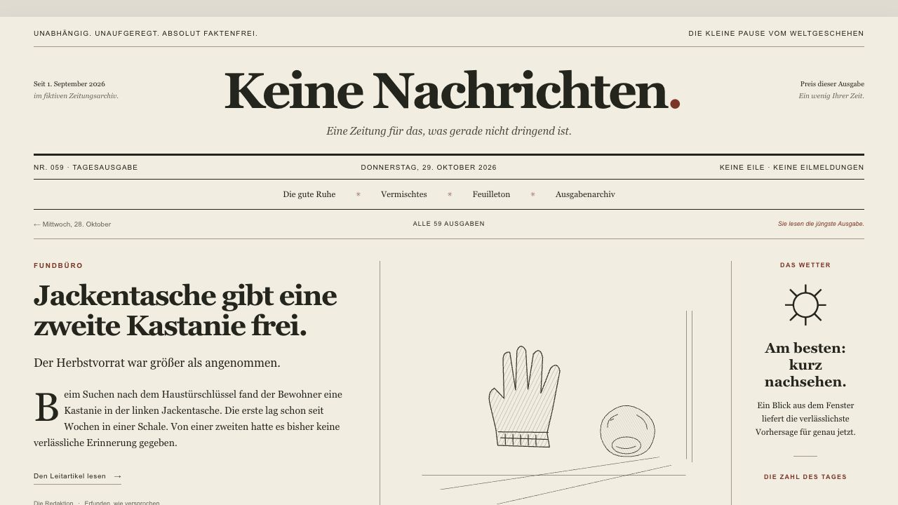 Keine Nachrichten im klassischen Zeitungslayout mit einer erfundenen Meldung über eine Kastanie