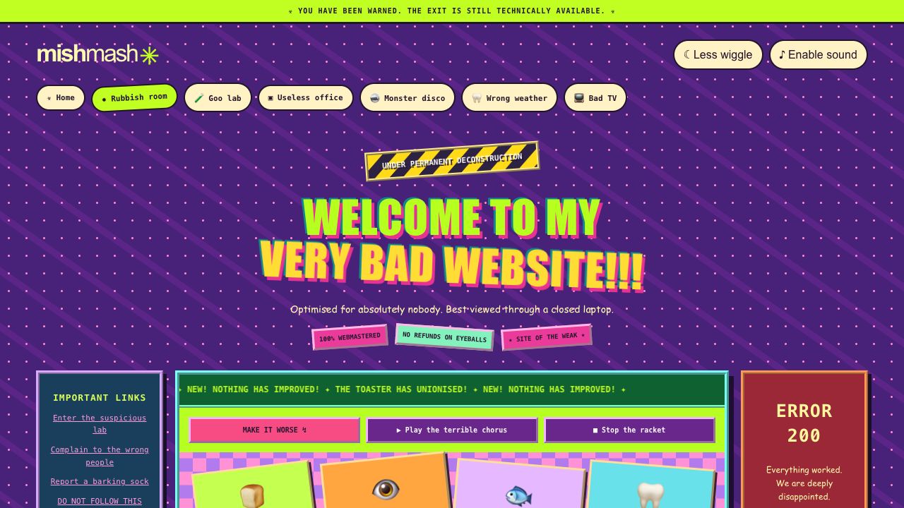 Rubbish Room: violettes Retro-Chaos mit grellen Farben und der Aufschrift Very Bad Website