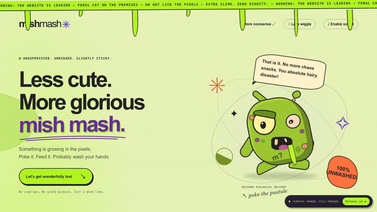Mishmash: leuchtend grüne Startseite mit schräger Typografie und dem Monster Mish