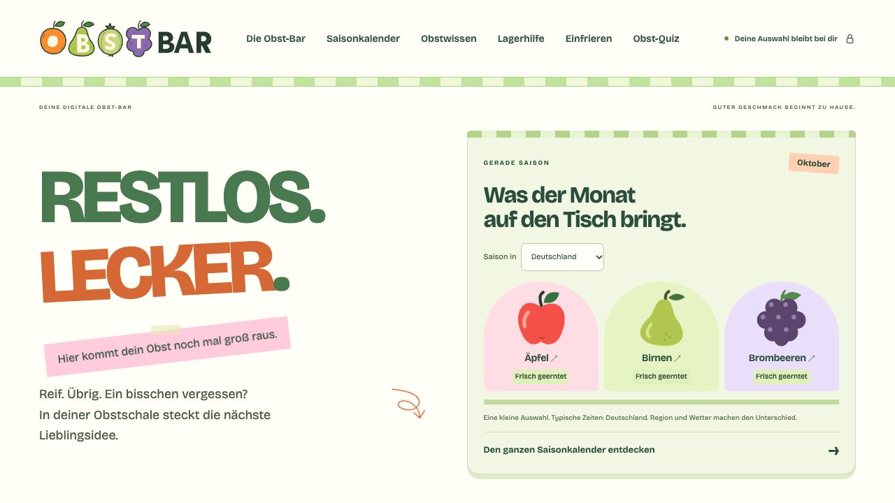 Startseite der Obst-Bar mit saisonalen Früchten und Rezeptideen