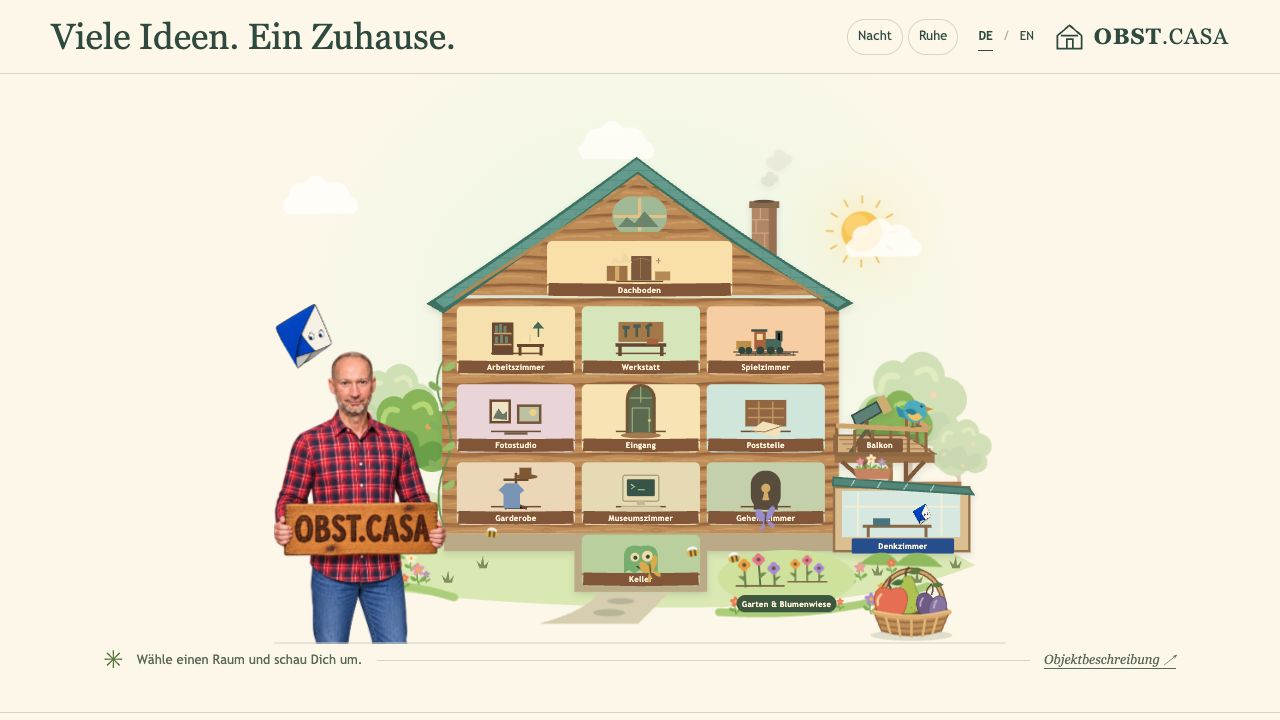 OBST.CASA: ein illustriertes Haus mit vielen anklickbaren Zimmern und Mario vor dem Eingang