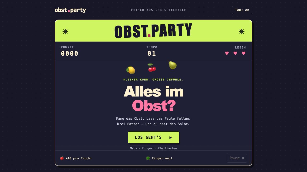 Startbildschirm des Retrospiels OBST.PARTY mit Obstkorb und Spielfeld