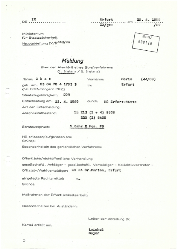 Stasi BStU 110 - Meldung über den Abschluß eines Strafverfahrens